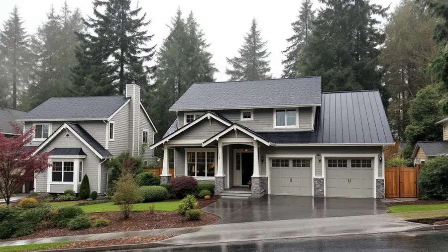 Oregon houses with a new architectural asphalt shingle roof and a standing seam metal roof under overcast skies