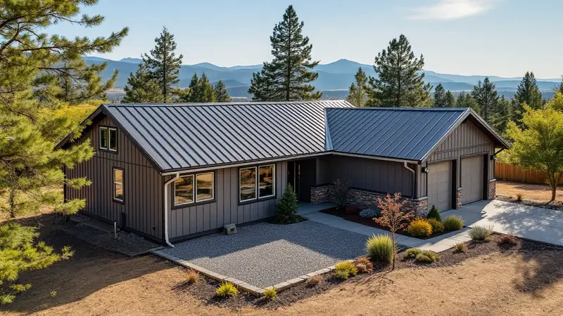 Central Oregon home with a metal roof, aluminum gutters and cleared space among ponderosa pines