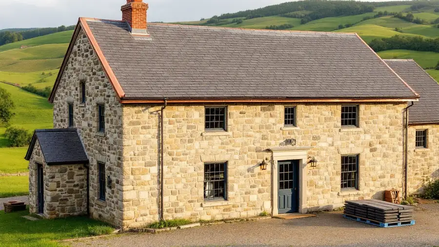 Weathered natural slate roof on an old Pennsylvania stone farmhouse with replacement slates stacked in the yard
