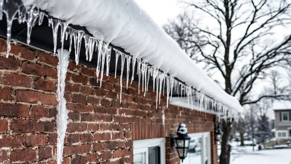 Snow and small icicles along the eaves of an asphalt shingle roof on a brick house in winter