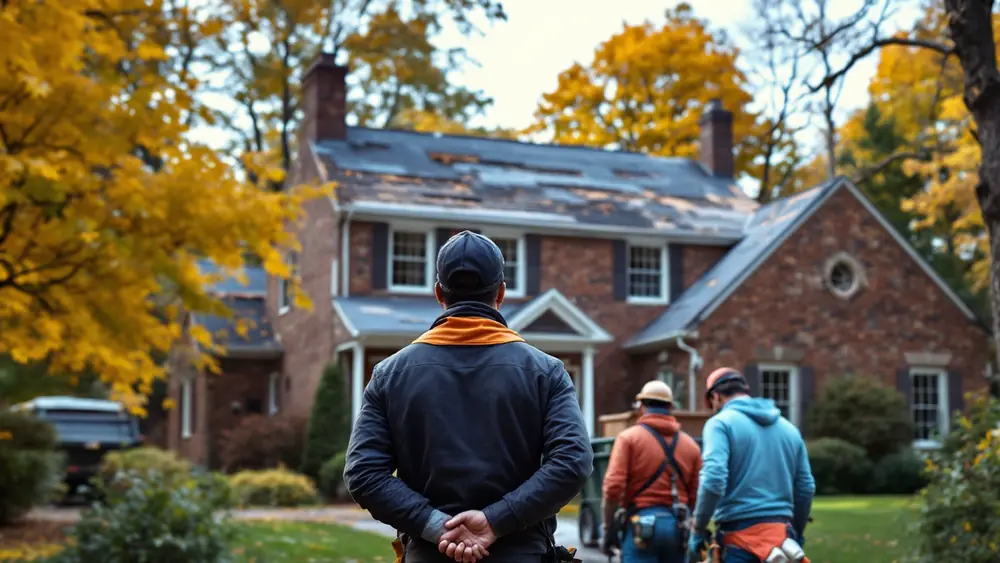Roofers tearing off old asphalt shingles on a two-story brick colonial house in a Northern Virginia suburb