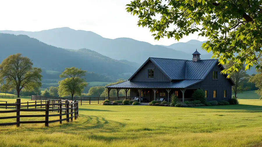 Farmhouse with a standing seam metal roof in the Shenandoah Valley with the Blue Ridge Mountains behind