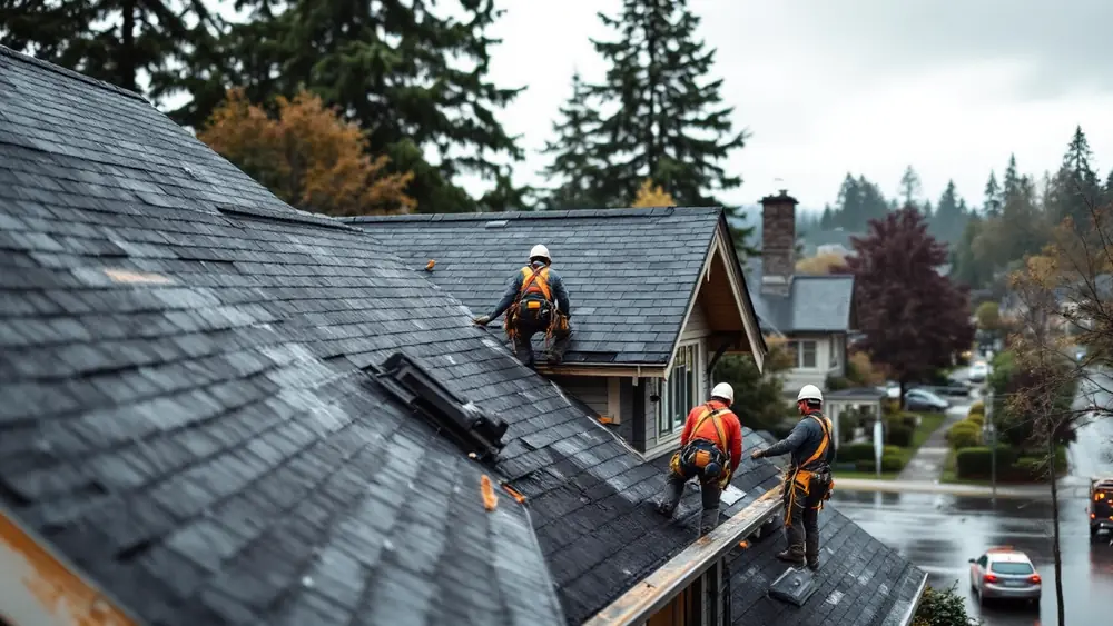 Roofing crew installing architectural asphalt shingles on a steep Craftsman roof under an overcast Seattle-area sky