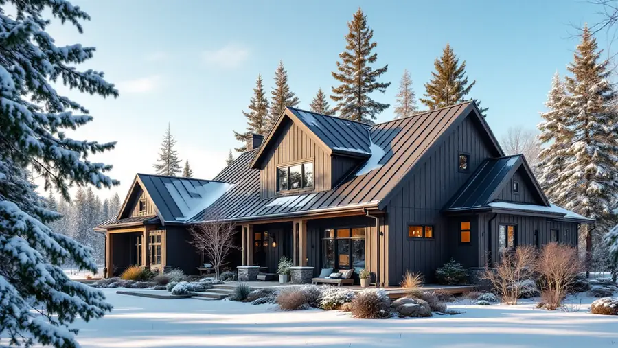 Charcoal standing seam metal roof with snow guards on an eastern Washington farmhouse in light snow