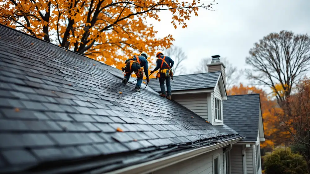 Roofers installing architectural asphalt shingles over new underlayment on a Wisconsin ranch house in autumn
