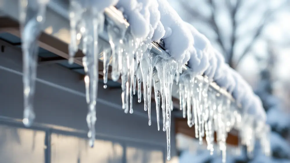 Ice dam and icicles along the snowy eave of a low-slope Wisconsin roof in winter