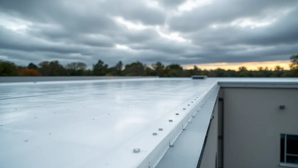 White TPO membrane roof with rows of fastening plates under the laps near the parapet edge