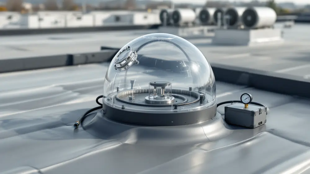 Clear vacuum test chamber sealed onto a membrane roof for a field wind uplift test