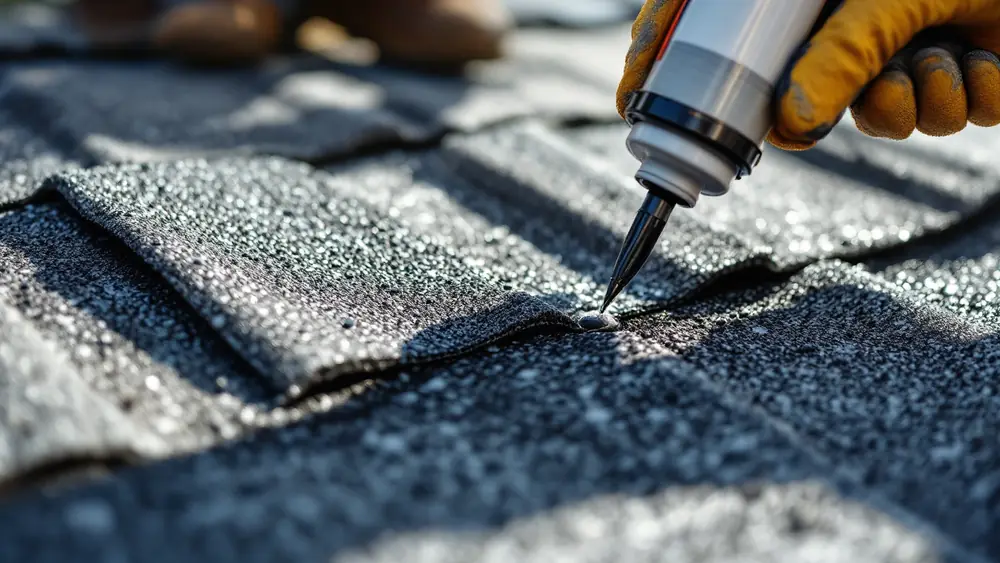 Gloved hand placing a small dab of black asphalt roof cement under a lifted laminated shingle tab