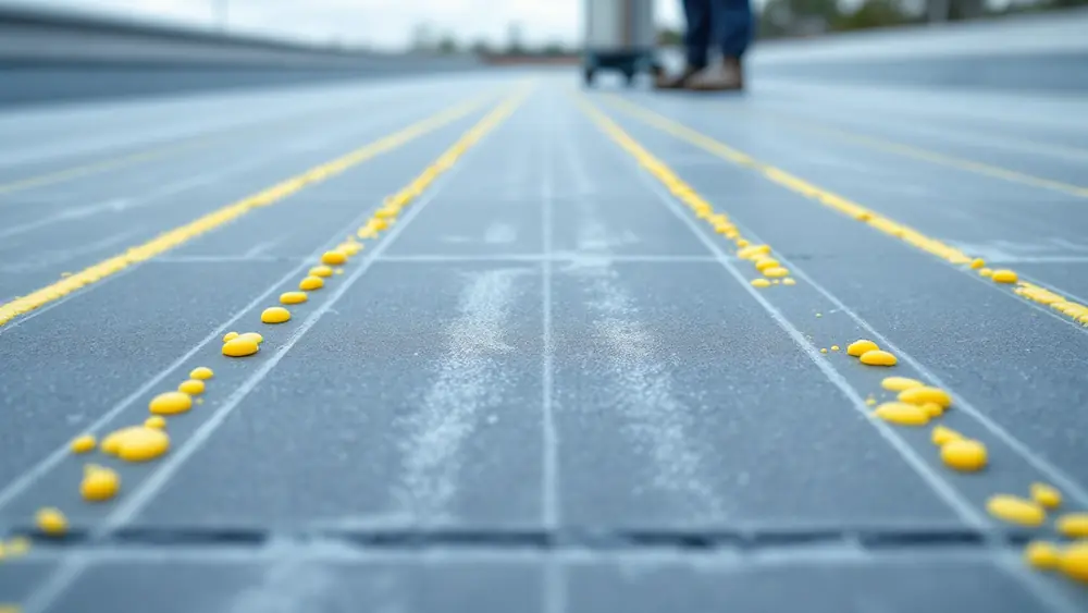 Parallel beads of polyurethane foam adhesive laid in rows over insulation boards on a flat roof