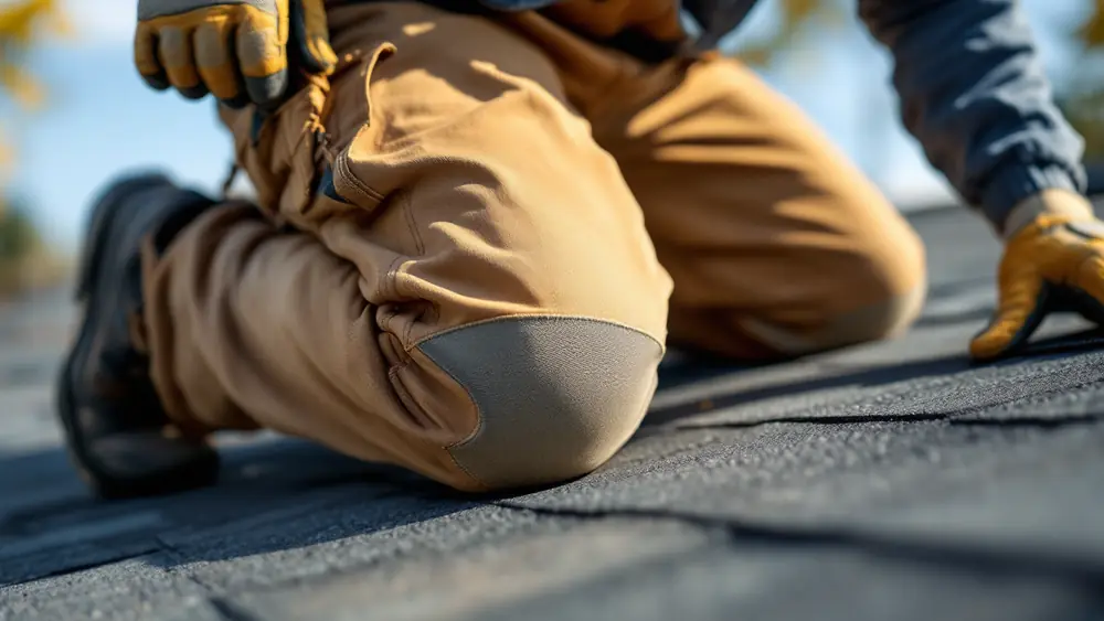 Roofer kneeling on a steep shingle roof in tan stretch canvas work pants with reinforced double-layer knees