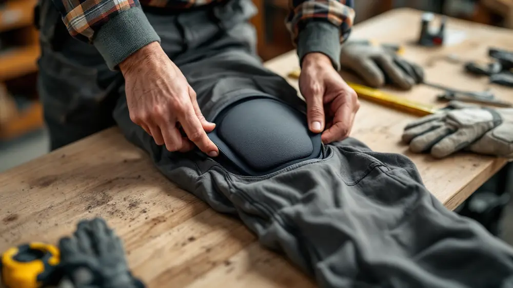 Hands sliding a flat foam knee pad insert into the knee pocket of grey work pants on a workbench