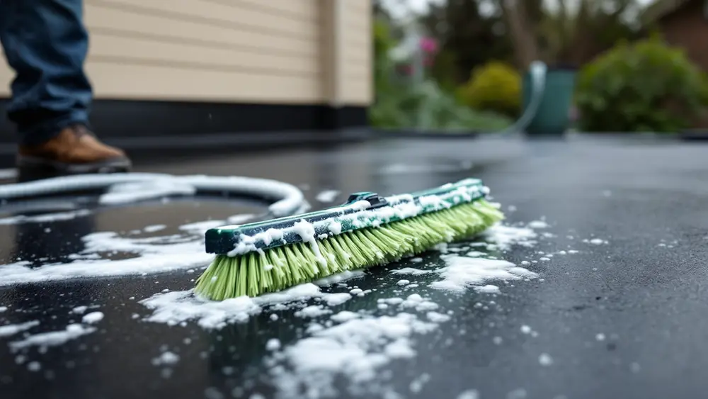 Soft push broom scrubbing detergent and water on a black EPDM rubber roof membrane