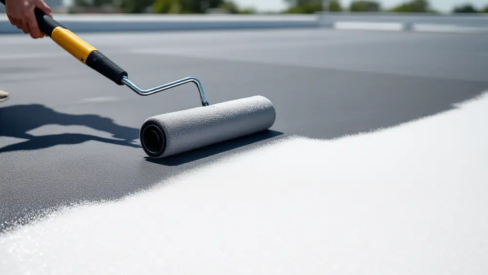 Roller applying white acrylic coating over a black EPDM rubber roof, half coated