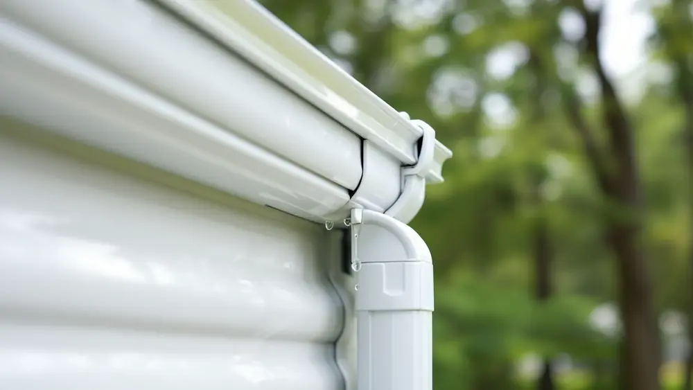 White aluminum RV gutter rail ending in a plastic corner spout dripping rainwater clear of a travel trailer sidewall