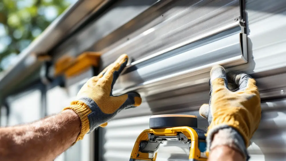 Gloved hands setting a white aluminum RV gutter rail backed with butyl tape against a fifth wheel sidewall