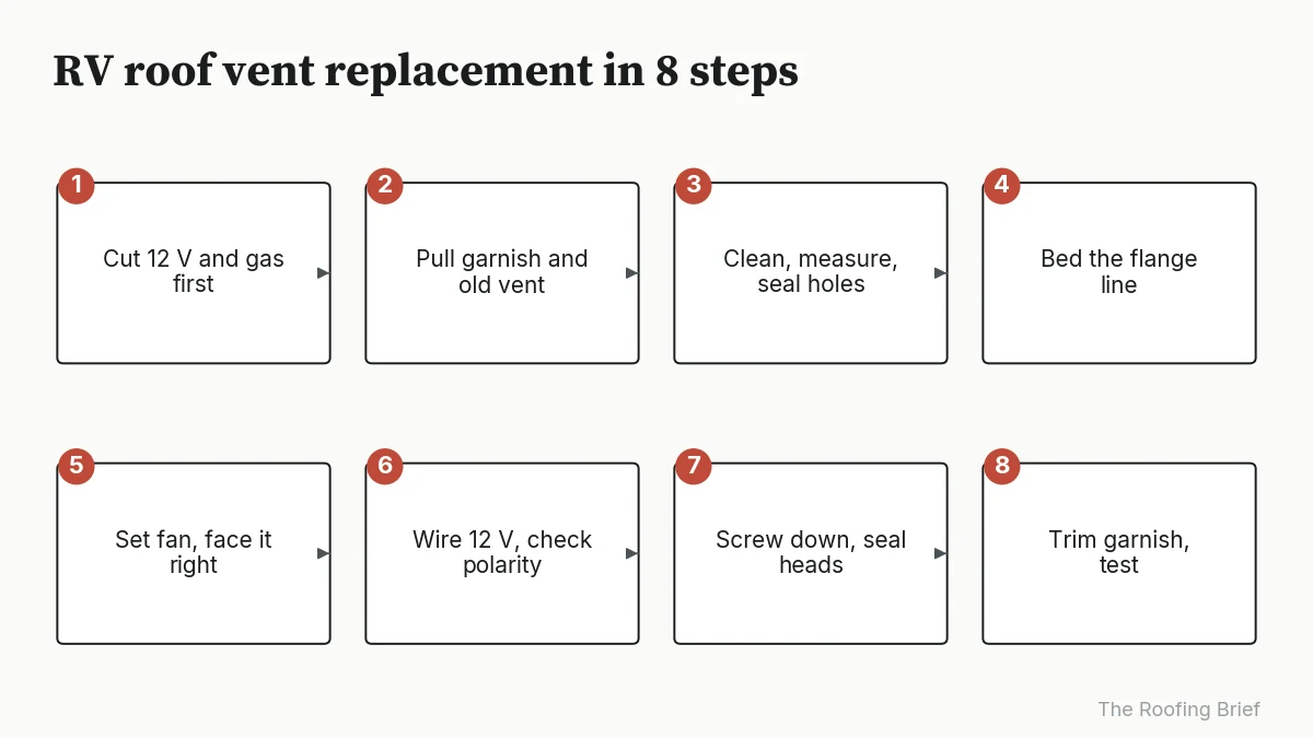 Eight-step process diagram for replacing an RV roof vent fan, from power shutoff to garnish trim and test