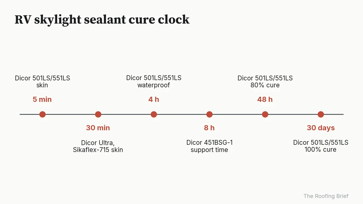 Timeline from 5 minutes to 30 days showing skin, waterproof and cure points for RV skylight sealants