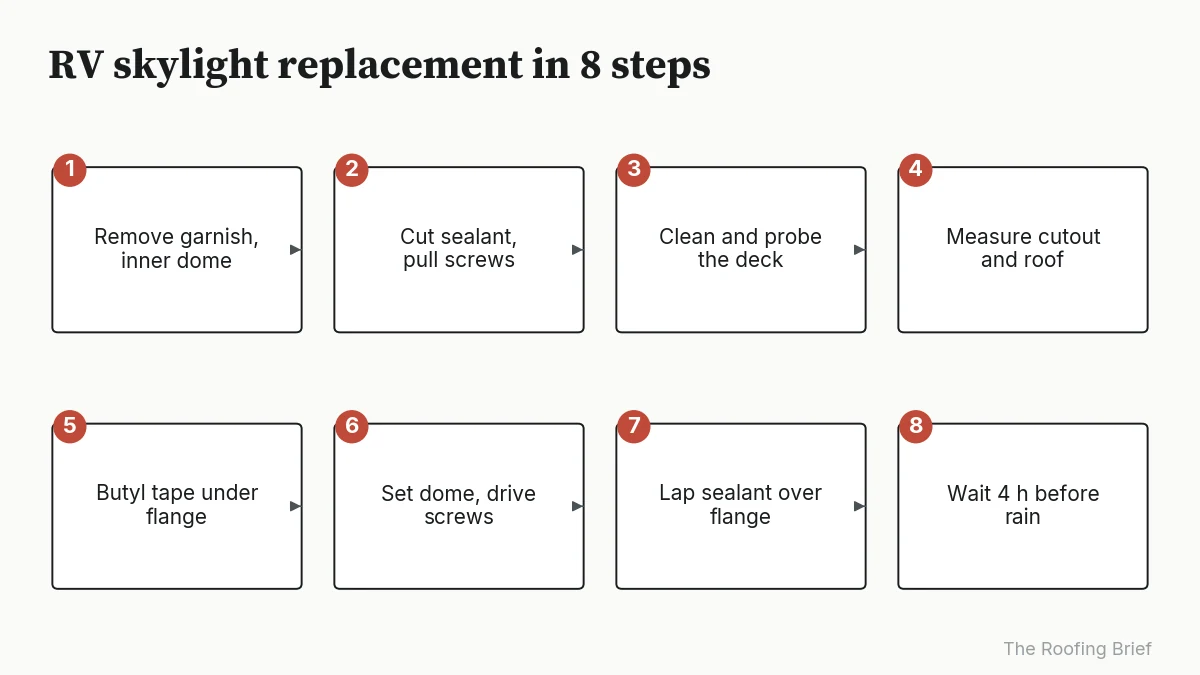 Eight-step process diagram for replacing an RV skylight dome, from trim removal to the 4-hour rain wait