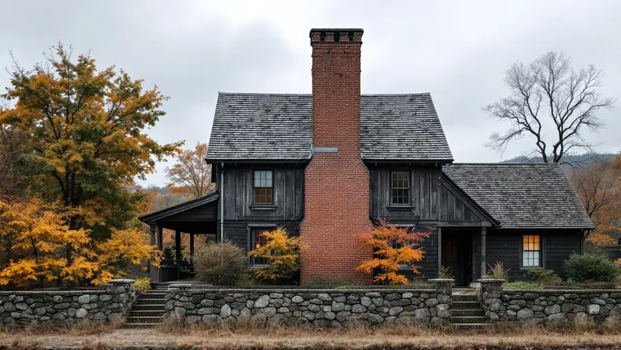 Colonial New England saltbox house seen from the gable end, with a short front slope and a long rear roof slope