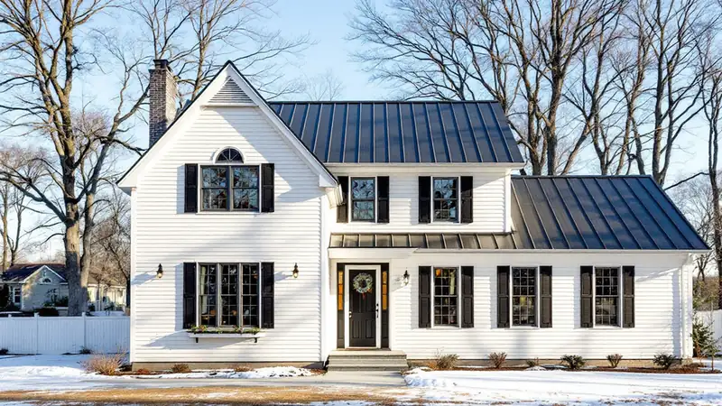 Modern saltbox house with a long charcoal standing seam metal rear roof slope and a short steep front slope