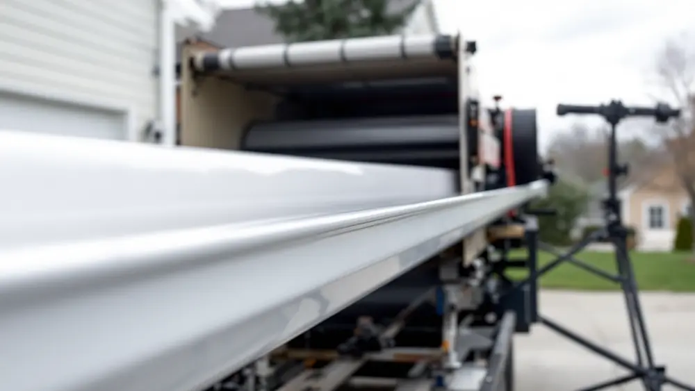 Aluminum coil being roll-formed into a continuous K-style seamless gutter on a truck-mounted machine