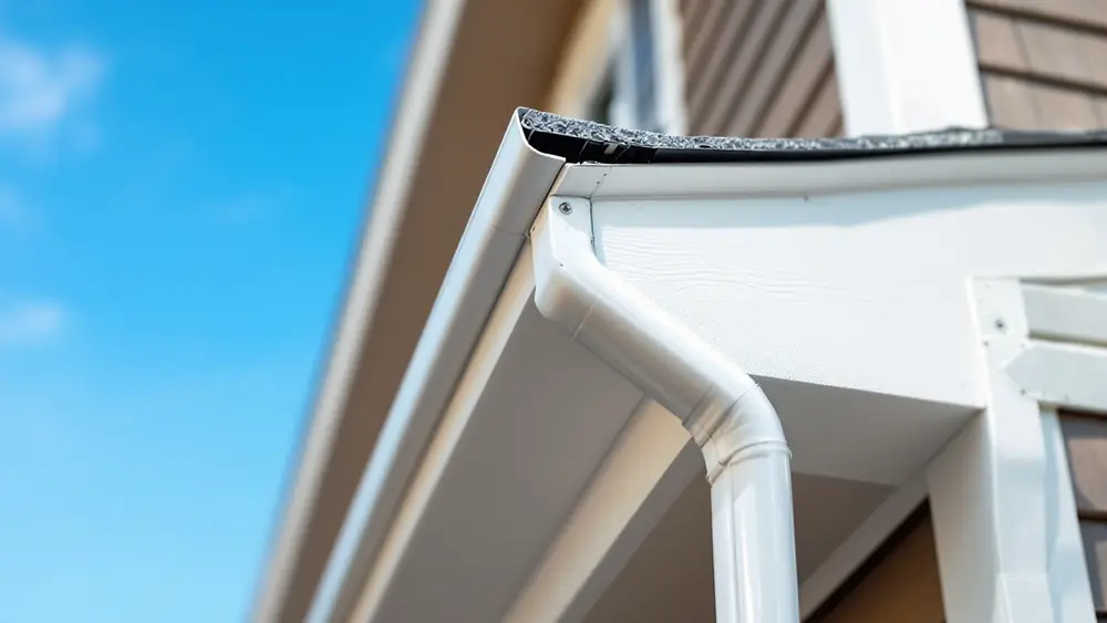 New white K-style seamless aluminum gutter with hidden hangers and a riveted corner on a two-story home