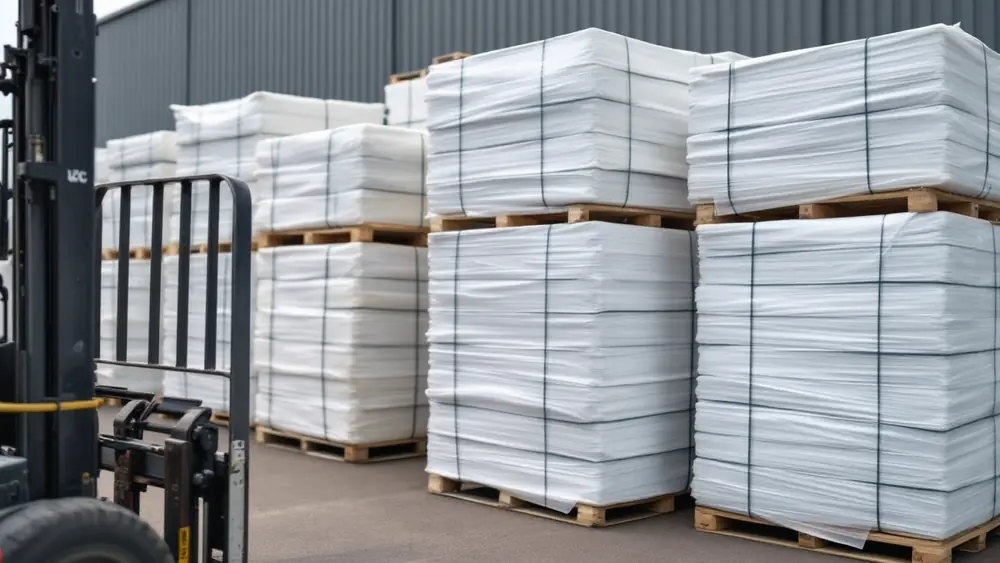 Pallets of pale gray-white asphalt shingle bundles stacked in a building supply yard