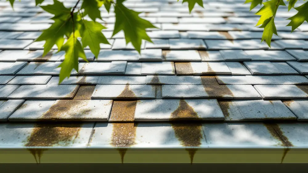 Dark algae streaks running down a light gray-white asphalt shingle roof under tree shade