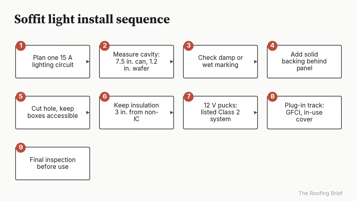 Nine-step process from circuit planning through cavity check, listing, backing, cutting, insulation and inspection