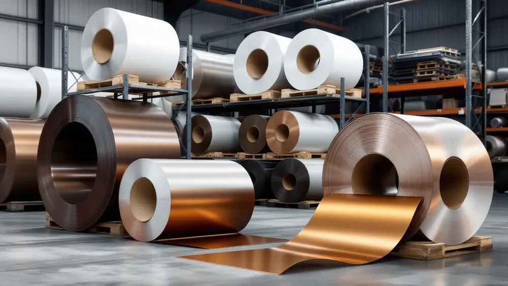 Rolls of painted aluminum gutter coil in white, bronze and brown stacked on warehouse racks