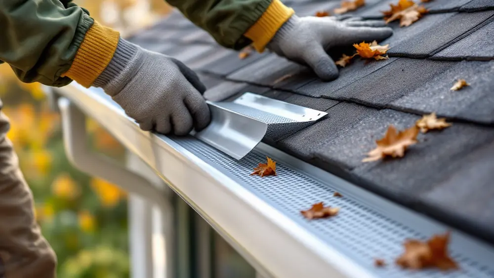 Gloved hands snapping a perforated aluminum gutter guard onto a white K-style gutter below shingles
