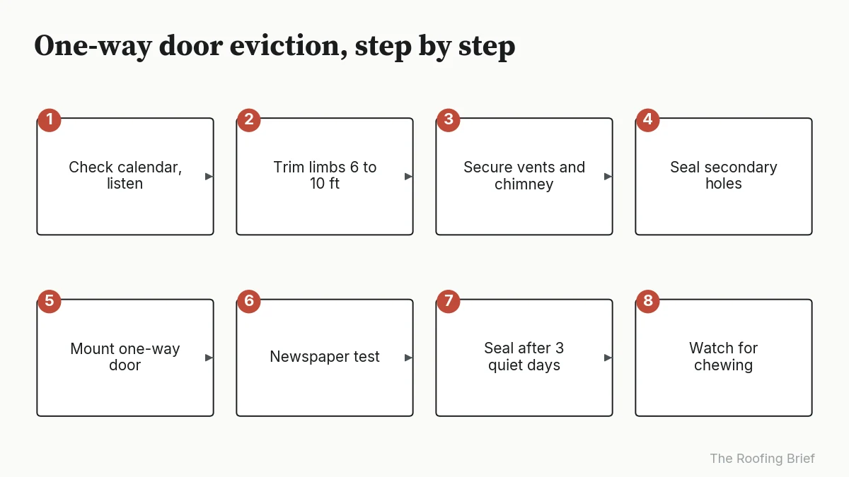 Eight-step process for evicting squirrels with a one-way door and sealing the hole