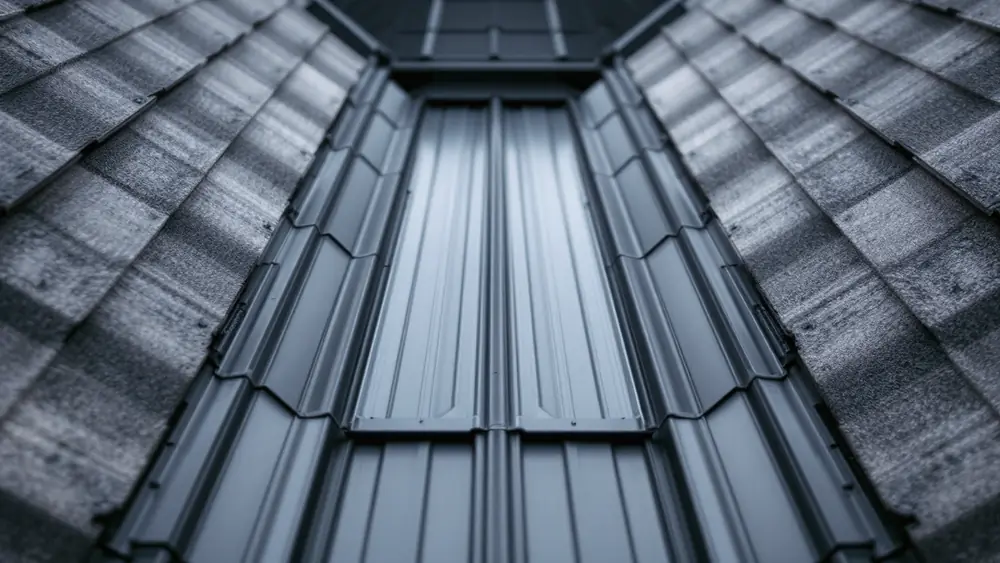 Charcoal standing seam metal roof panels meeting at a metal valley flashing on a house roof