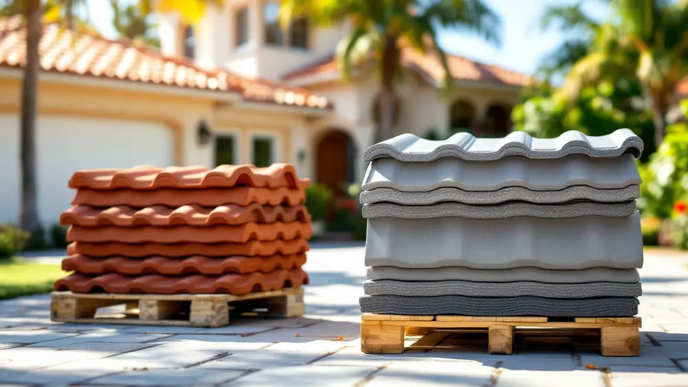 Stacks of clay barrel tiles and flat concrete roof tiles on a pallet outside a Florida stucco home