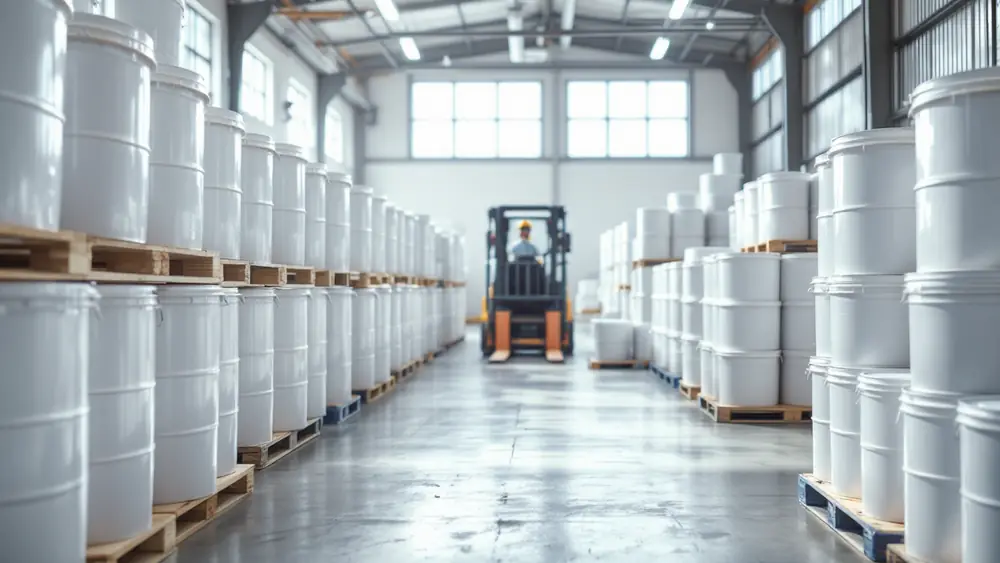 Unlabeled white five-gallon coating pails and drums on pallets in a roofing supply warehouse