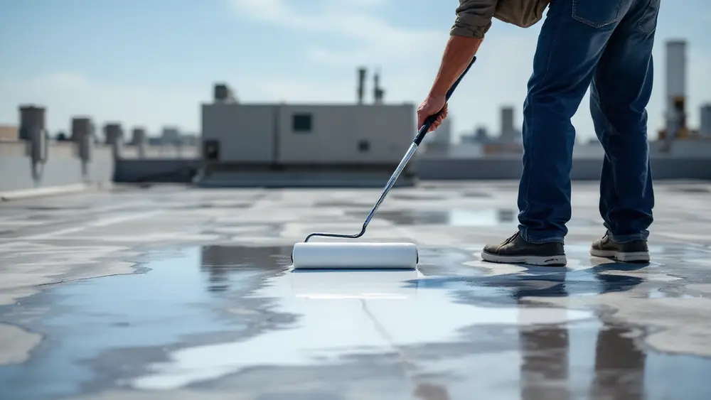 Roofer rolling white silicone coating over an aged gray low-slope commercial roof