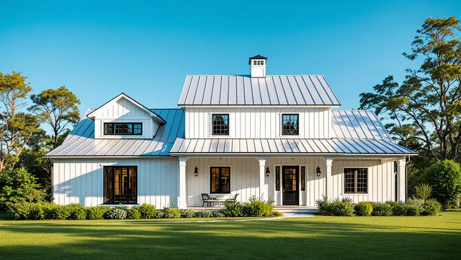 Two-story farmhouse with a bright white standing seam metal roof, white board and batten siding and black windows