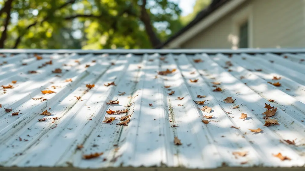 White ribbed metal roof panel with leaves, needles and light mildew streaks under a shade tree
